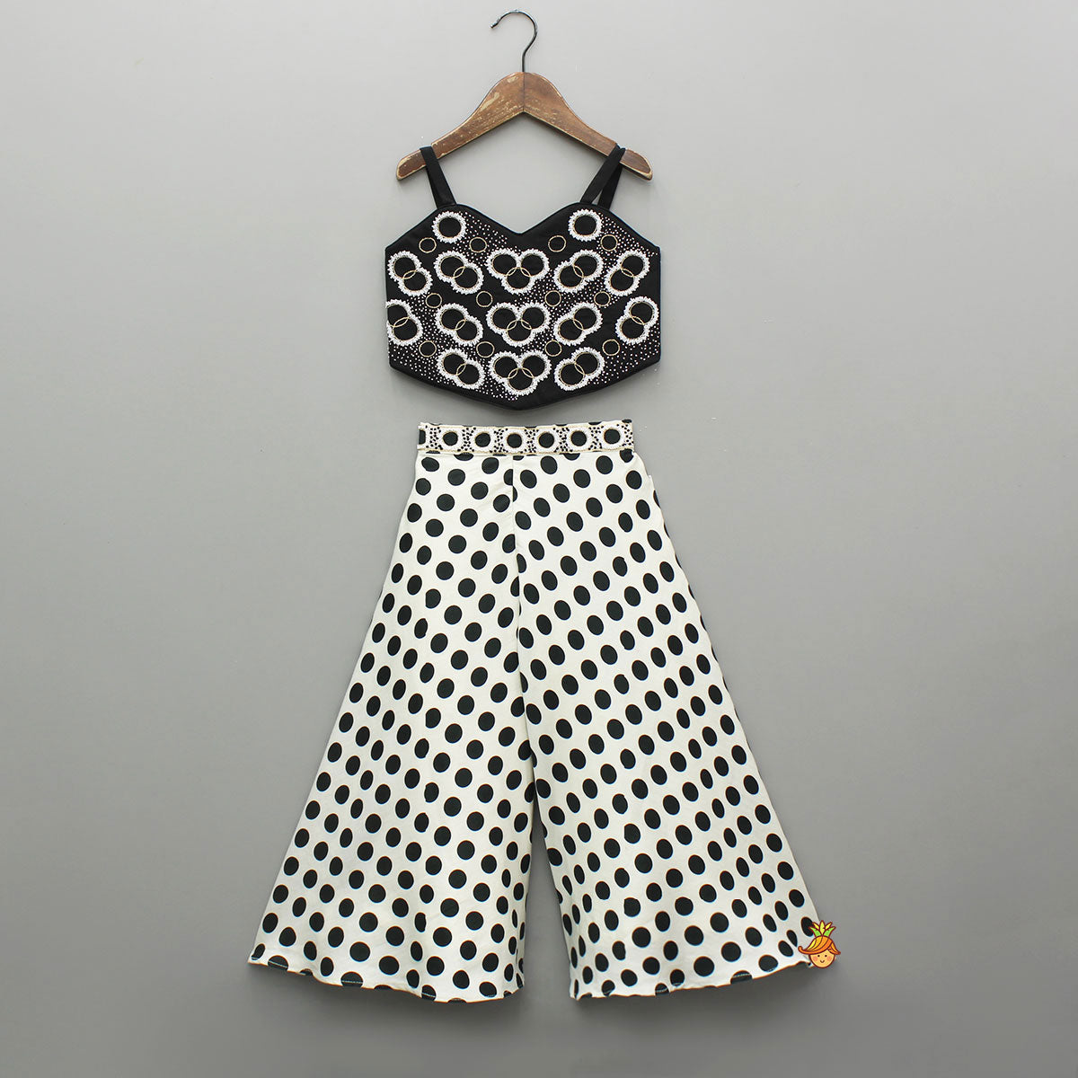 Pre Order: Black Hand Embroidered Top With Polka Dot Palazzo