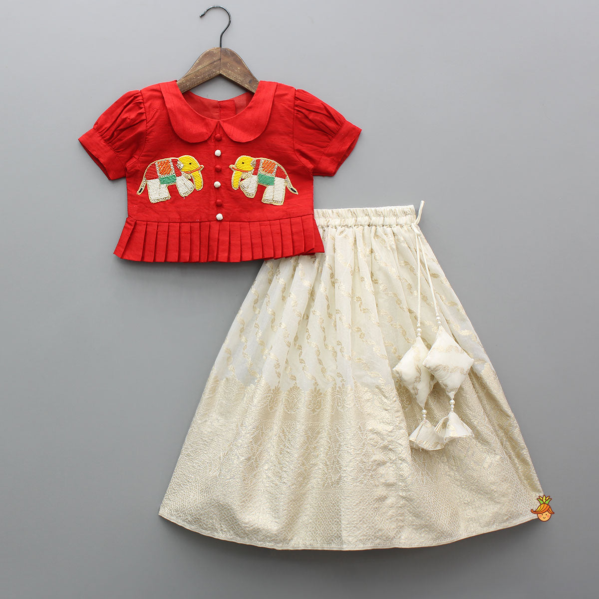 Pre Order: Elegant Elephant Embroidered Red Top With Silk Lehenga