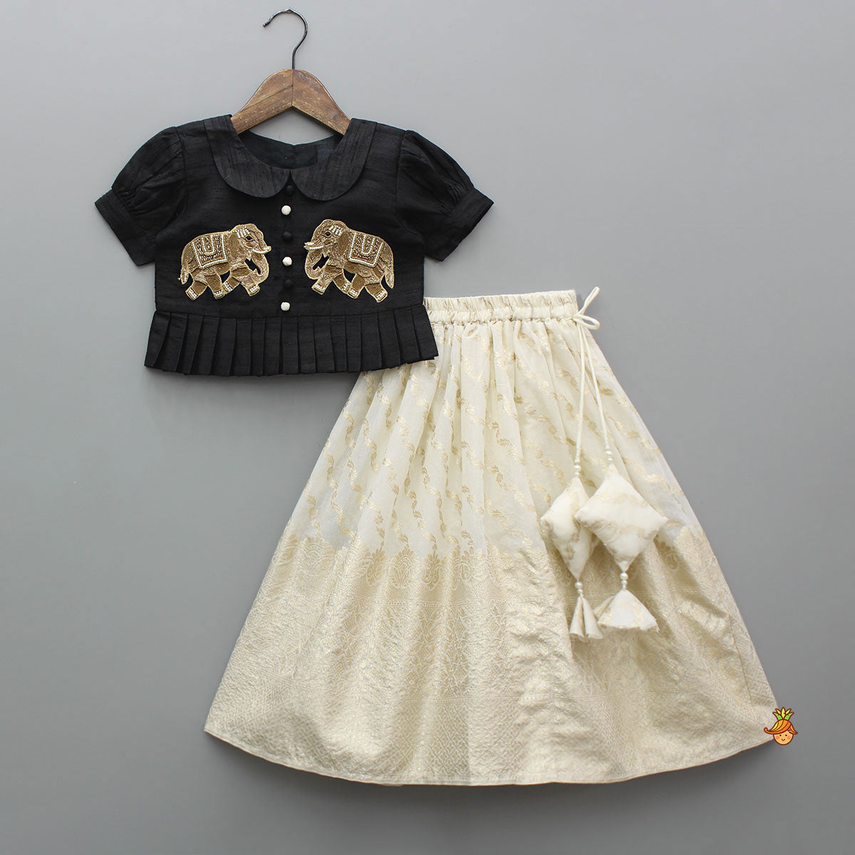 Pre Order: Elegant Elephant Embroidered Black Top With Silk Lehenga