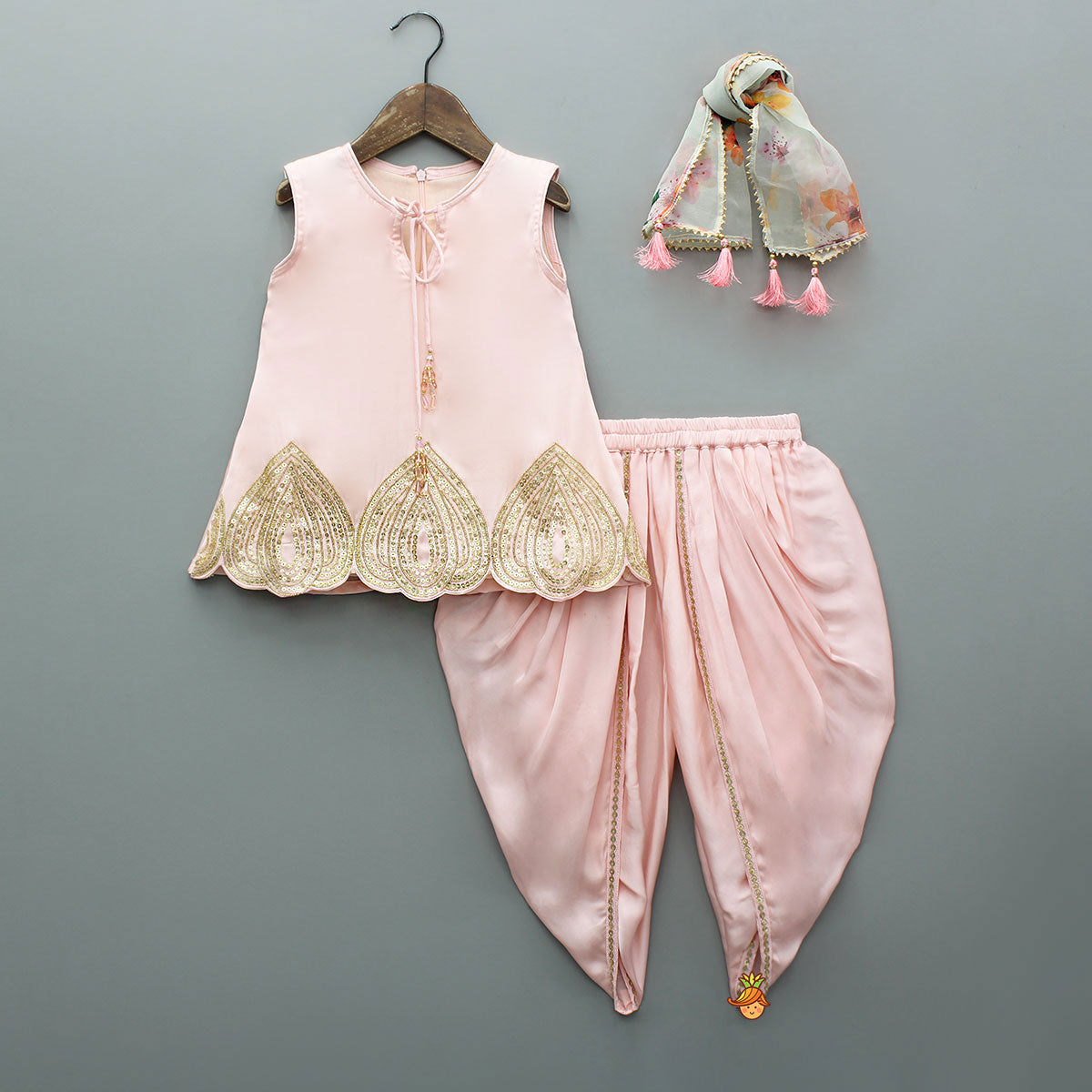 Pre Order: Pink Sequin Embellished Kurti With Dhoti And Dupatta