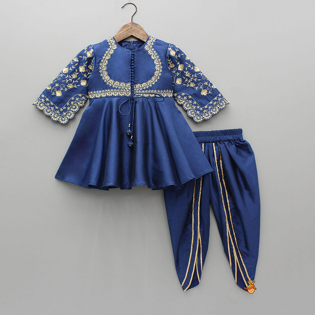 Pre Order: Elegant Navy Blue Embroidered Kurti And Tulip Dhoti With Dupatta