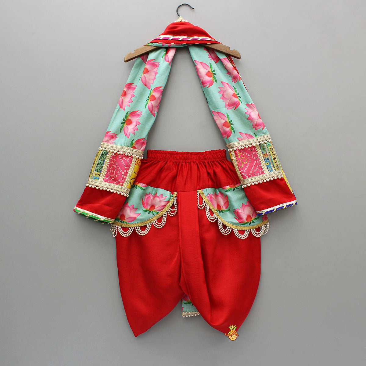Pre Order: Festive Red Dhoti With Printed Shawl And Mor Pankh-Embellished Headband
