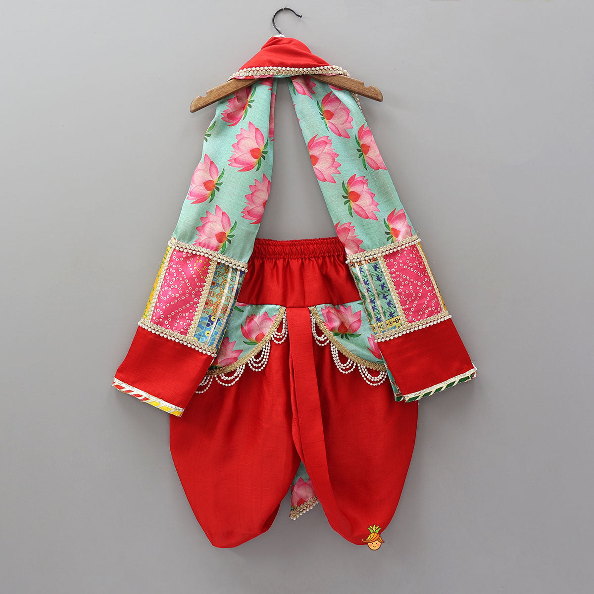 Pre Order: Festive Red Dhoti With Printed Shawl And Mor Pankh-Embellished Headband