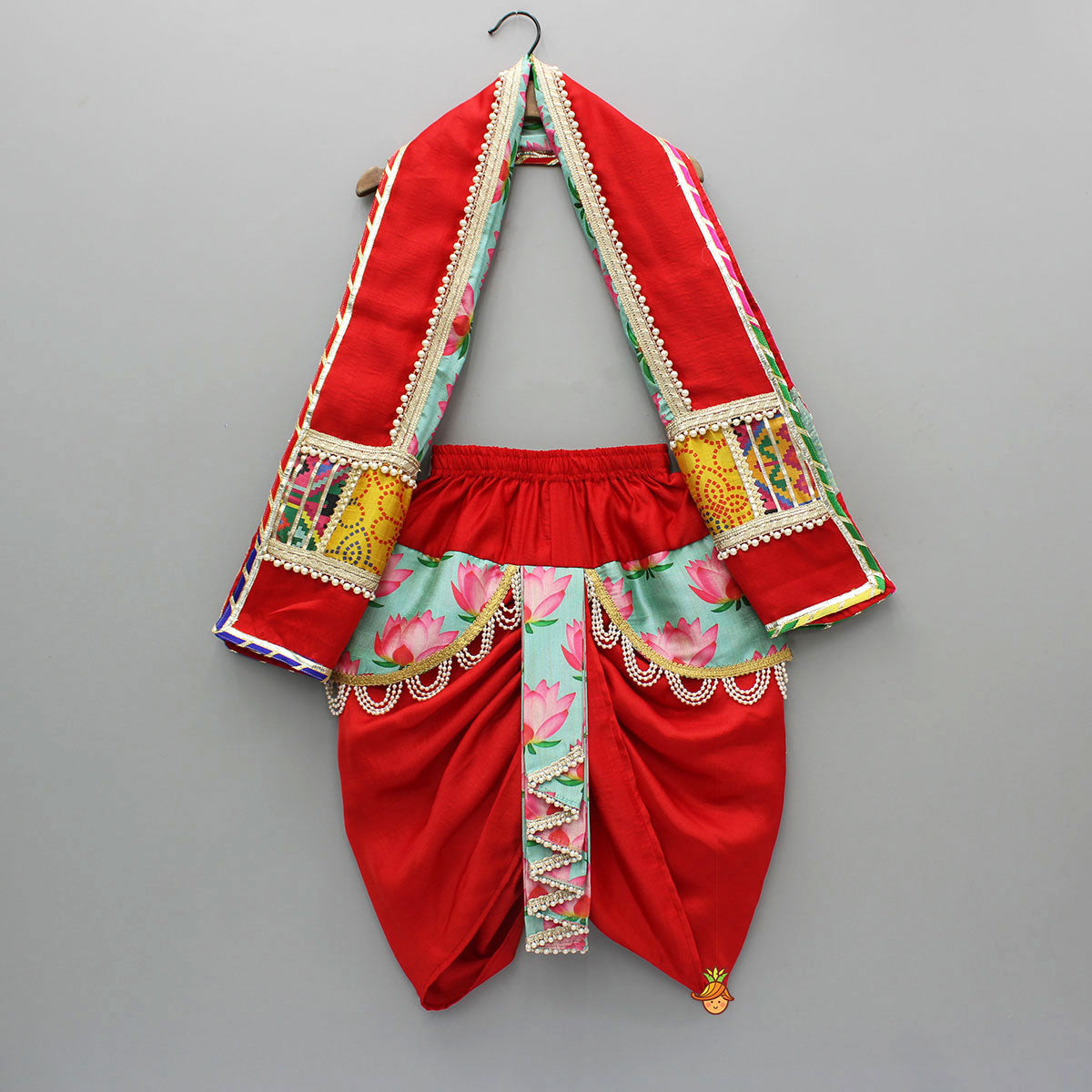 Pre Order: Festive Red Dhoti With Printed Shawl And Mor Pankh-Embellished Headband