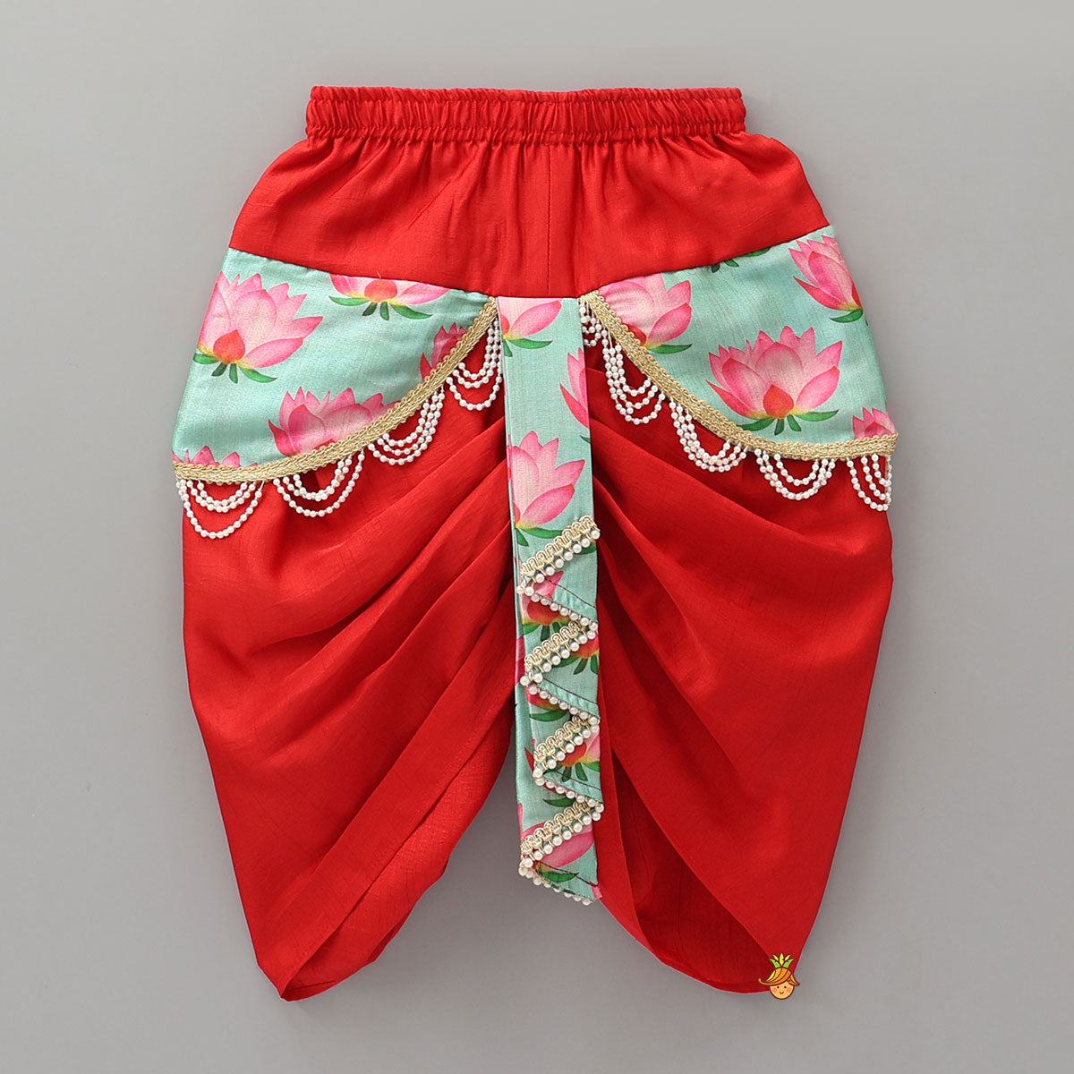 Pre Order: Festive Red Dhoti With Printed Shawl And Mor Pankh-Embellished Headband