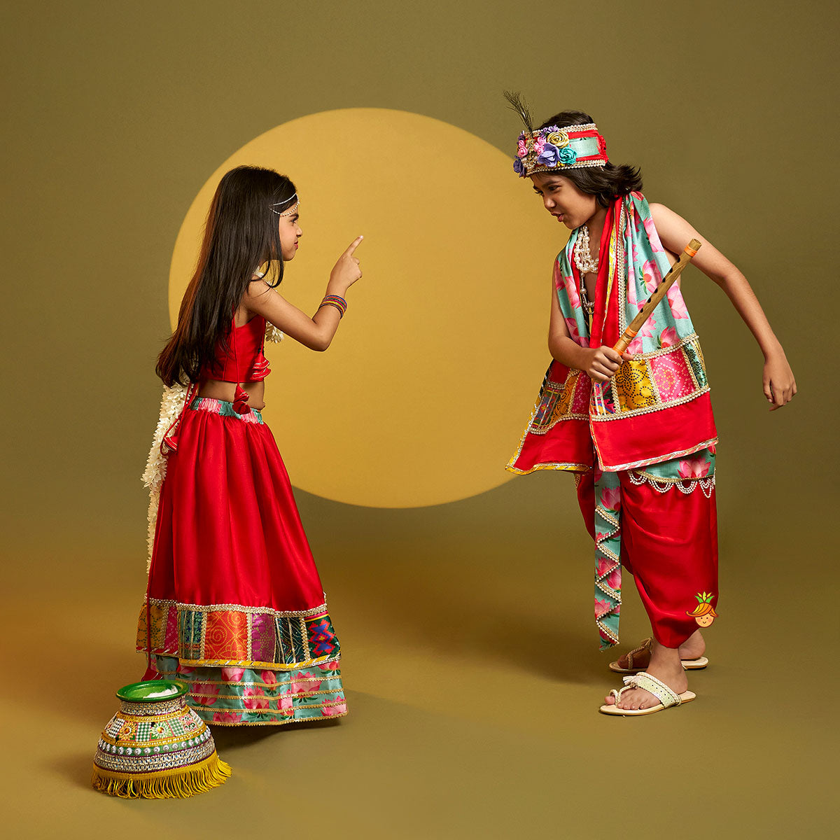 Festive Red Dhoti With Printed Shawl And Mor Pankh-Embellished Headband twinning model image 4