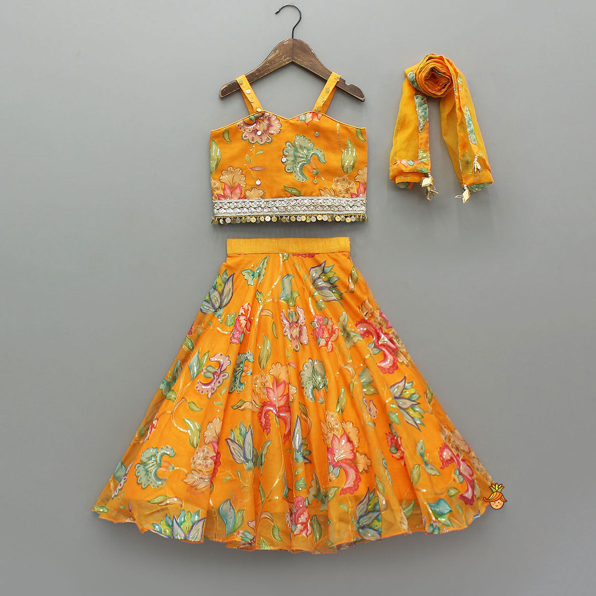 Pre Order: Stylish Floral Embellished Strappy Top And Floral Lehenga With Dupatta