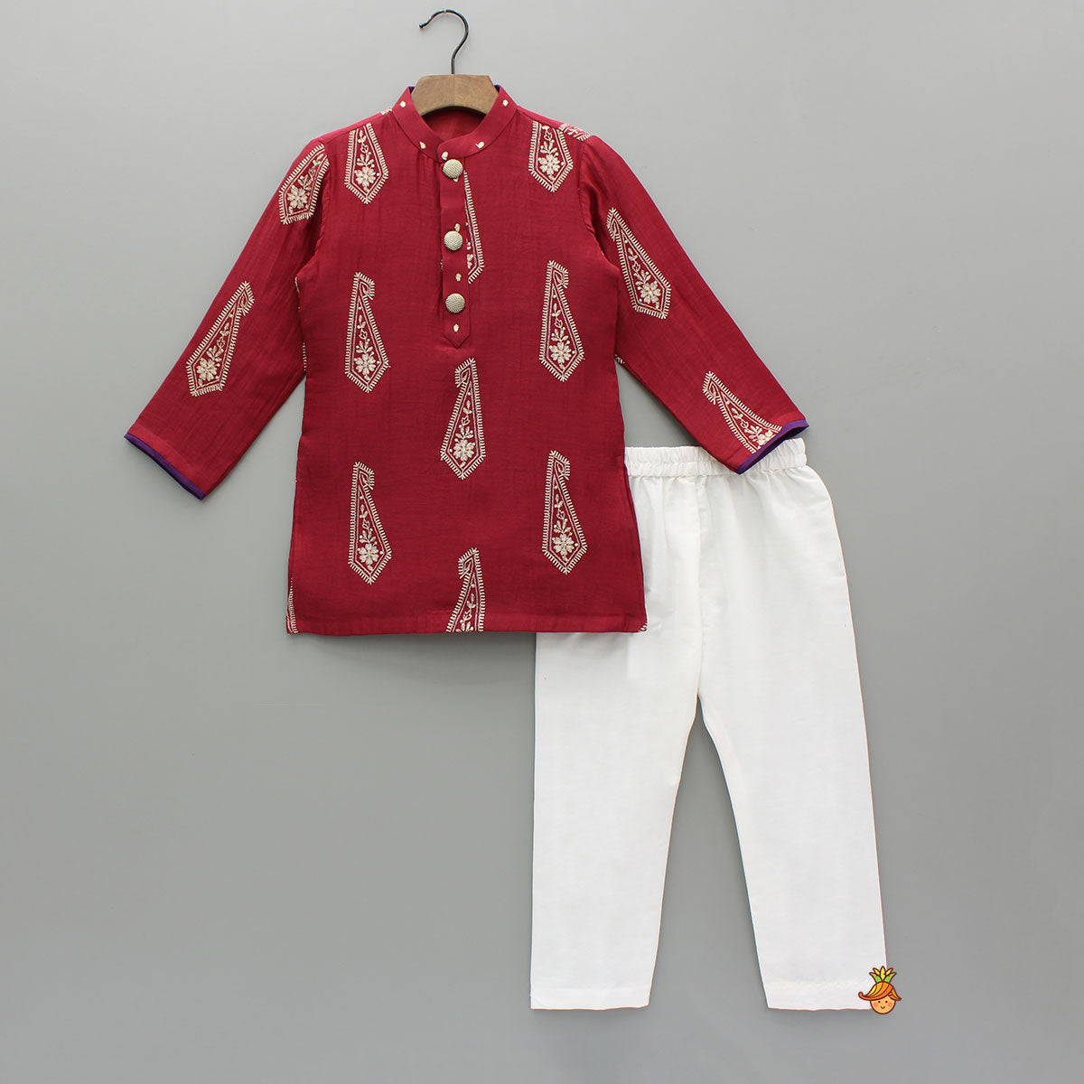 Pre Order: Red Embroidered Kurta With White Pyjama