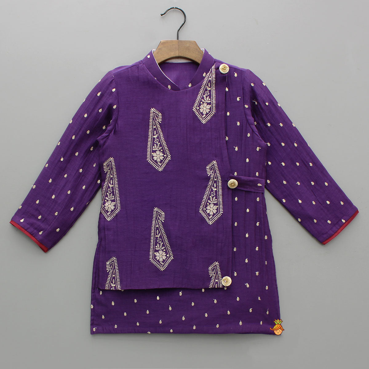 Pre Order: Purple Embroidered Flap Kurta With White Pyjama