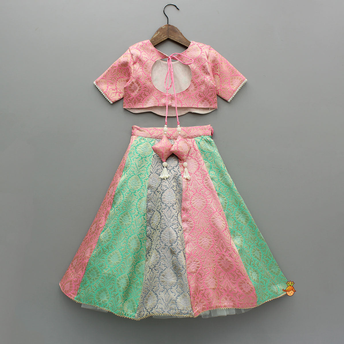 Pre Order: Brocade Pink Top With Multicoloured Brocade Panel Lehenga And Dupatta