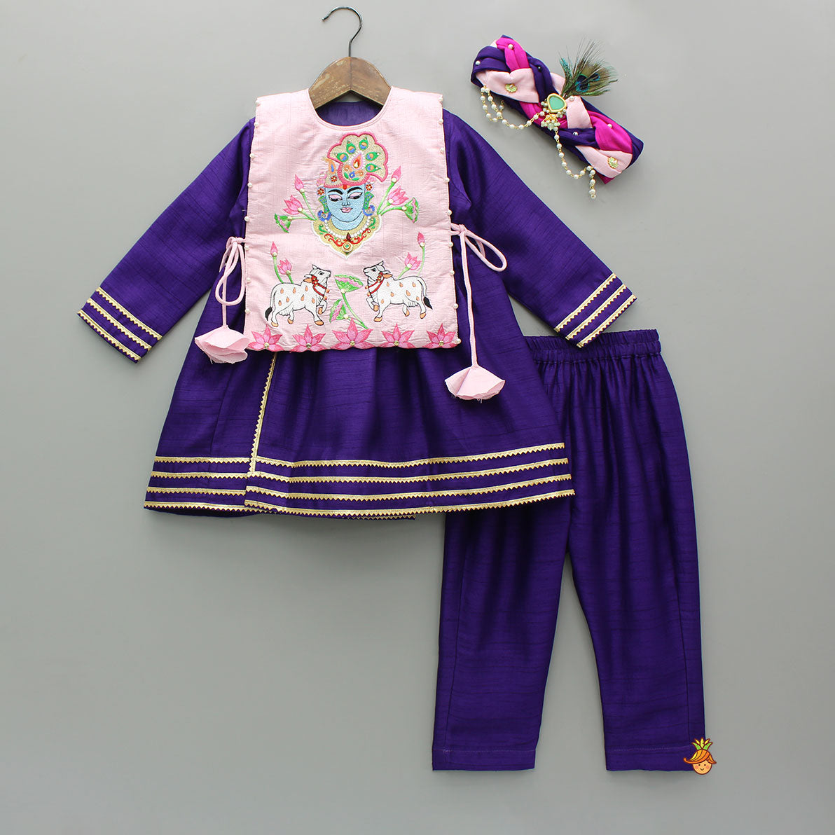 Pre Order: Wine Angarkha With Side Tie Up Jacket And Pant And Stylish Headband