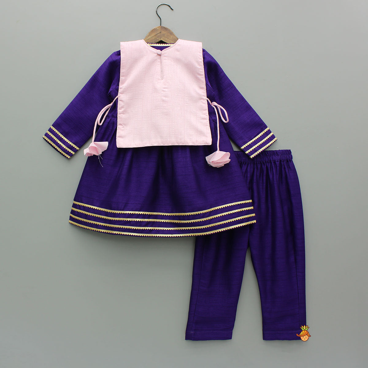 Pre Order: Wine Angarkha With Side Tie Up Vest And Pant And Stylish Headband