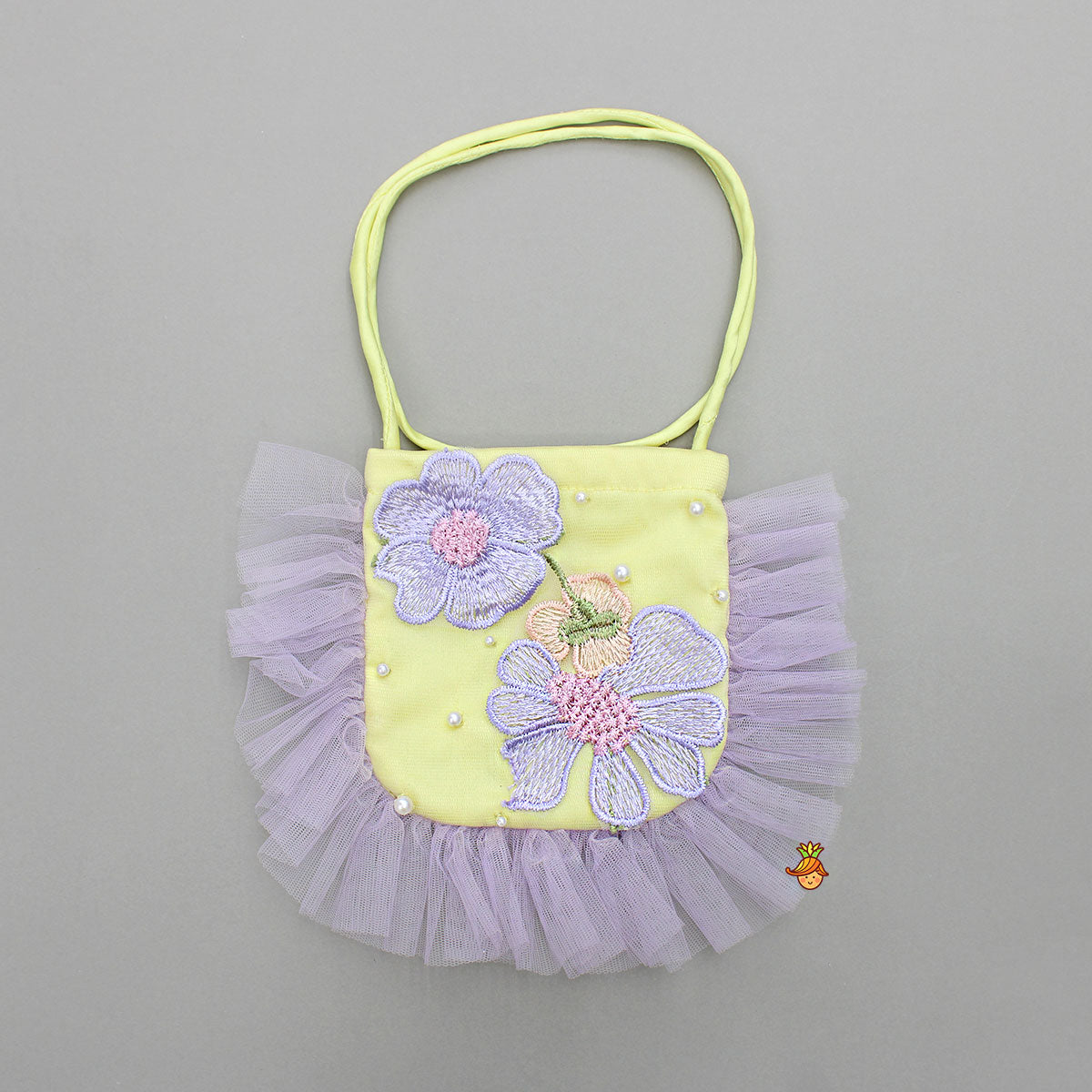 Pre Order: Gorgeous Yellow 3D Floral Applique Embellished Dress With Sling Bag