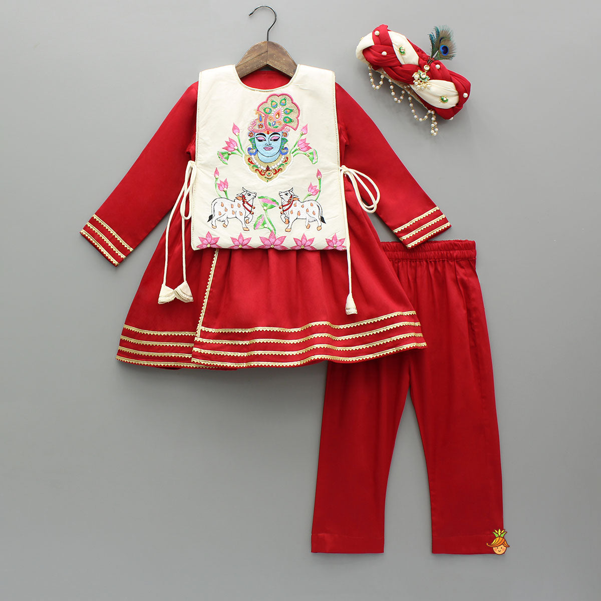 Pre Order: Red Angarkha With Side Tie Up Jacket And Pant And Stylish Headband