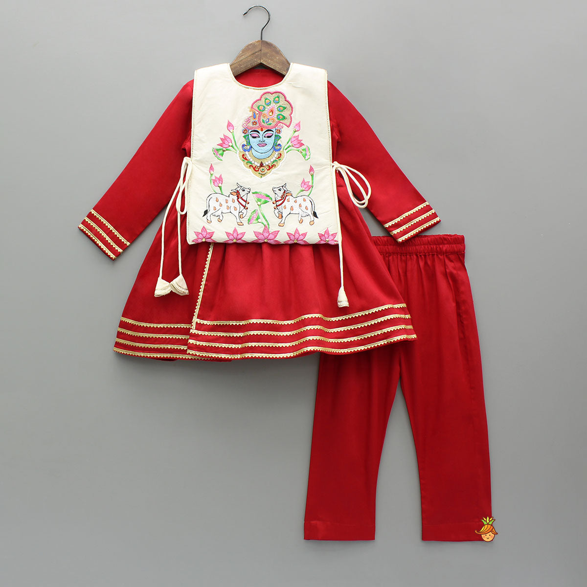 Pre Order: Red Angarkha With Side Tie Up Vest And Pant And Stylish Headband