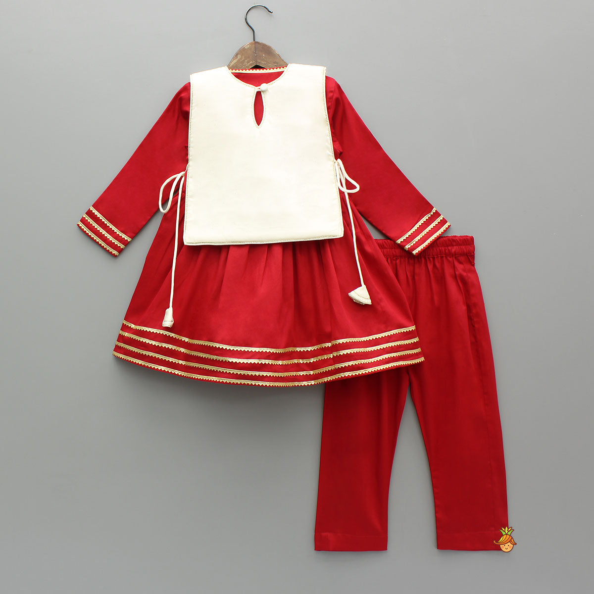 Pre Order: Red Angarkha With Side Tie Up Vest And Pant And Stylish Headband