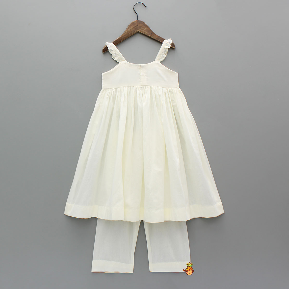Pre Order: Elegant White Strappy Kurti With Pant And Dupatta