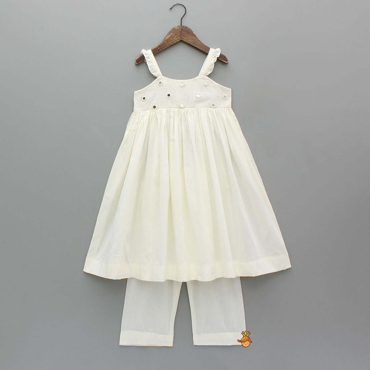 Pre Order: Elegant White Strappy Kurti With Pant And Dupatta