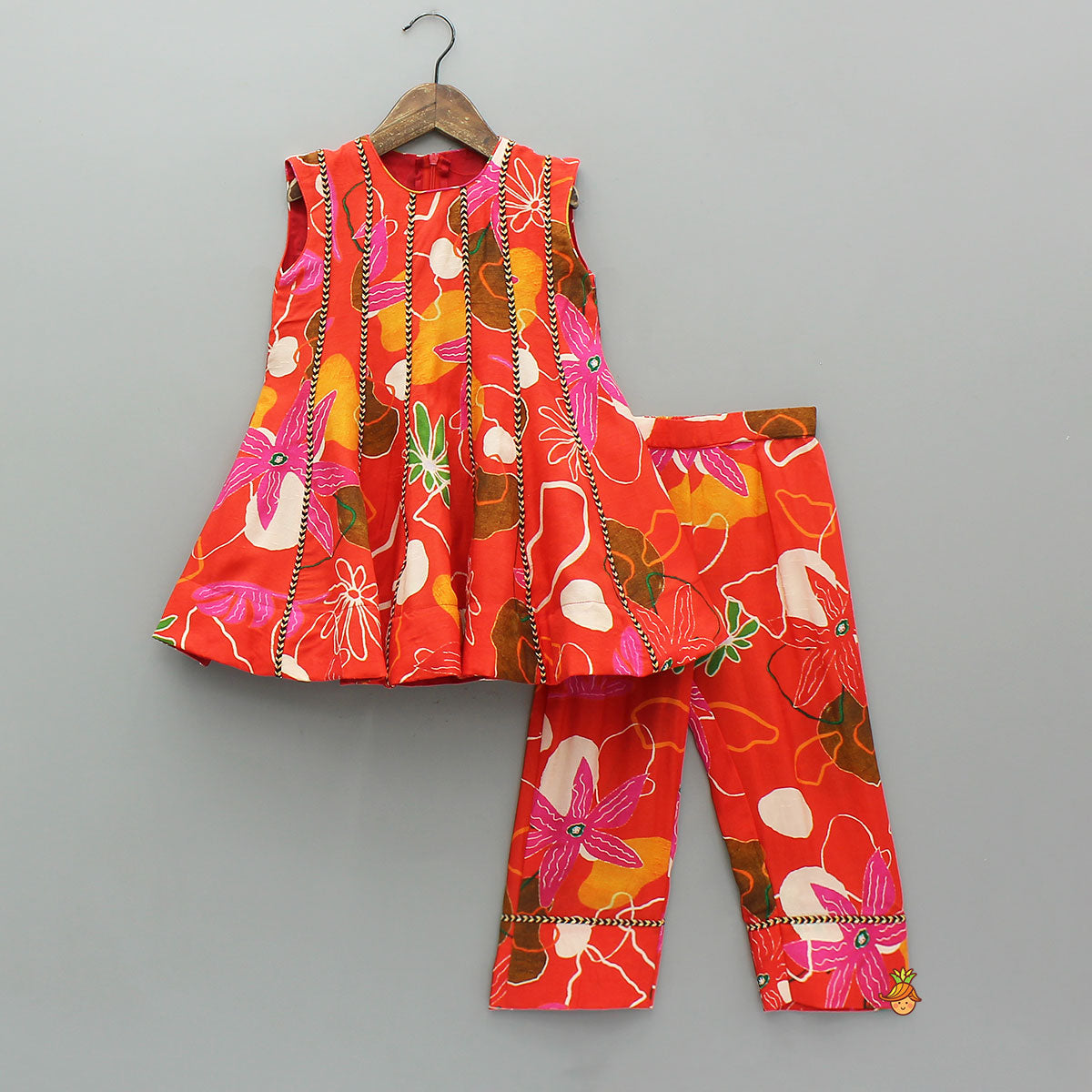 Pre Order: Red Floral Printed Sleeveless Kurti With Matching Pants