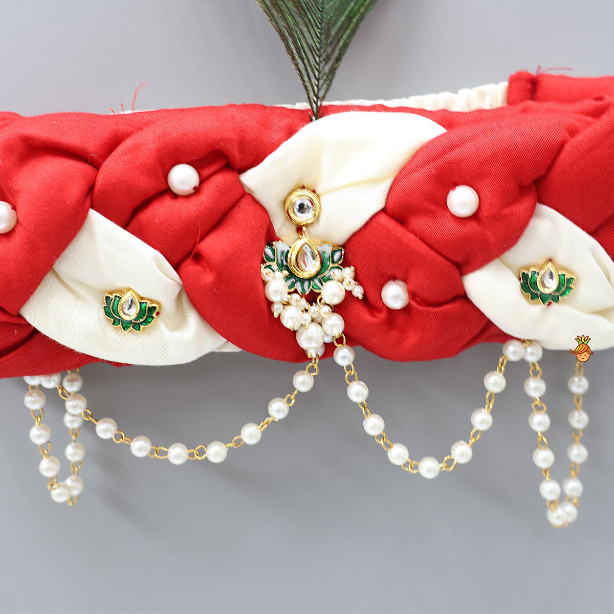 Pre Order: Red And White Braided Head Band With Mor Pankh