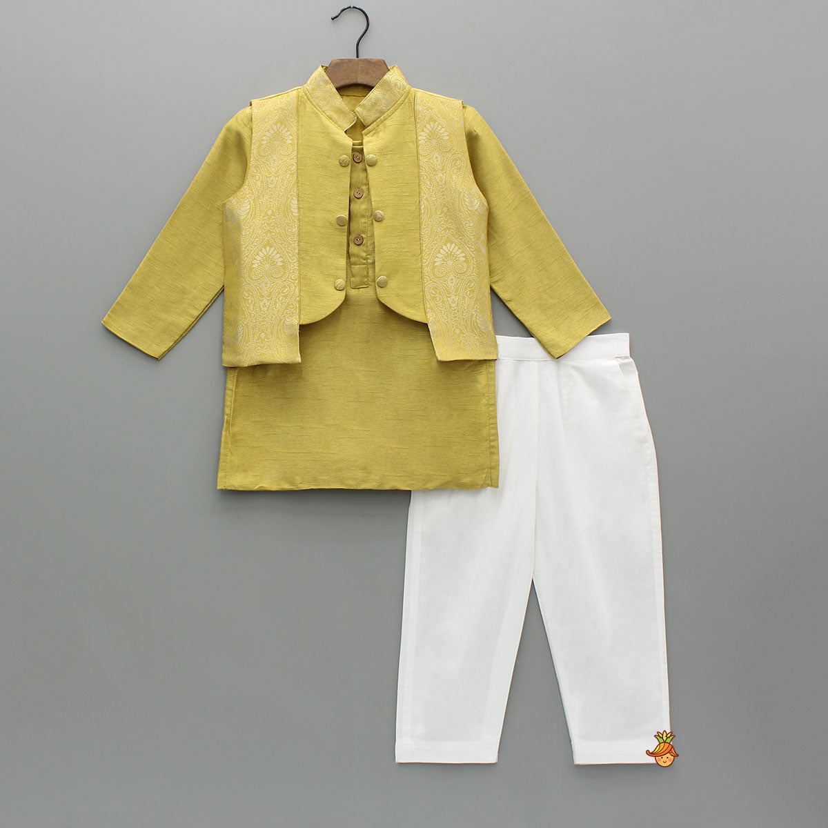 Pre Order: Yellow Kurta With Brocade Jacket And White Pyjama