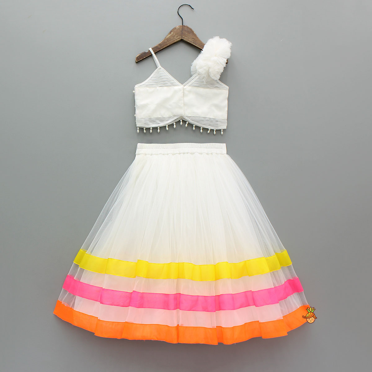 Pre Order: Spaghetti Straps Top And Fabric Flower Tassels Enhanced Lehenga With Dual Tone Stylish Dupatta