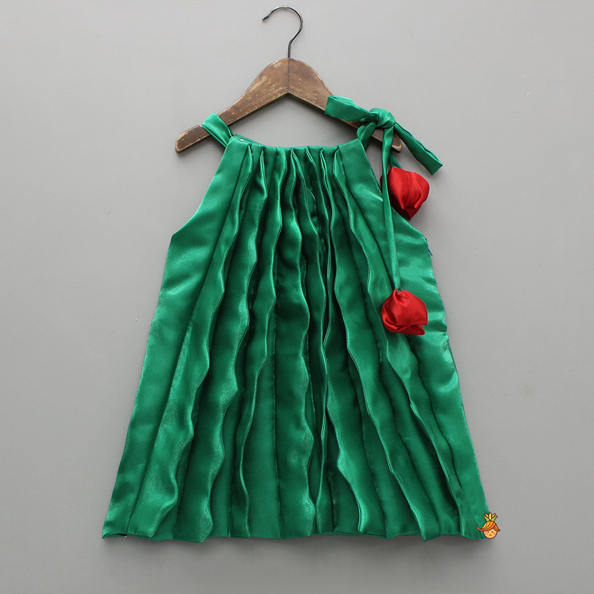 Pre Order: Sheen Green Satin Pleated Dress With Red Floral Tie-Up Detail