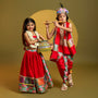 Red Embroidered Strappy Top With Lehenga And Dupatta twinning model image 3