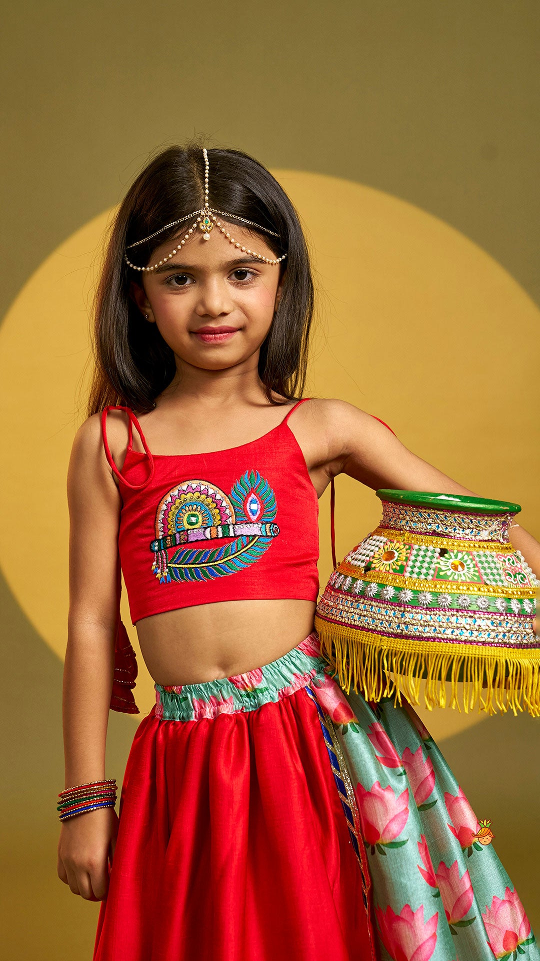 Pre Order: Red Embroidered Strappy Top With Lehenga And Dupatta