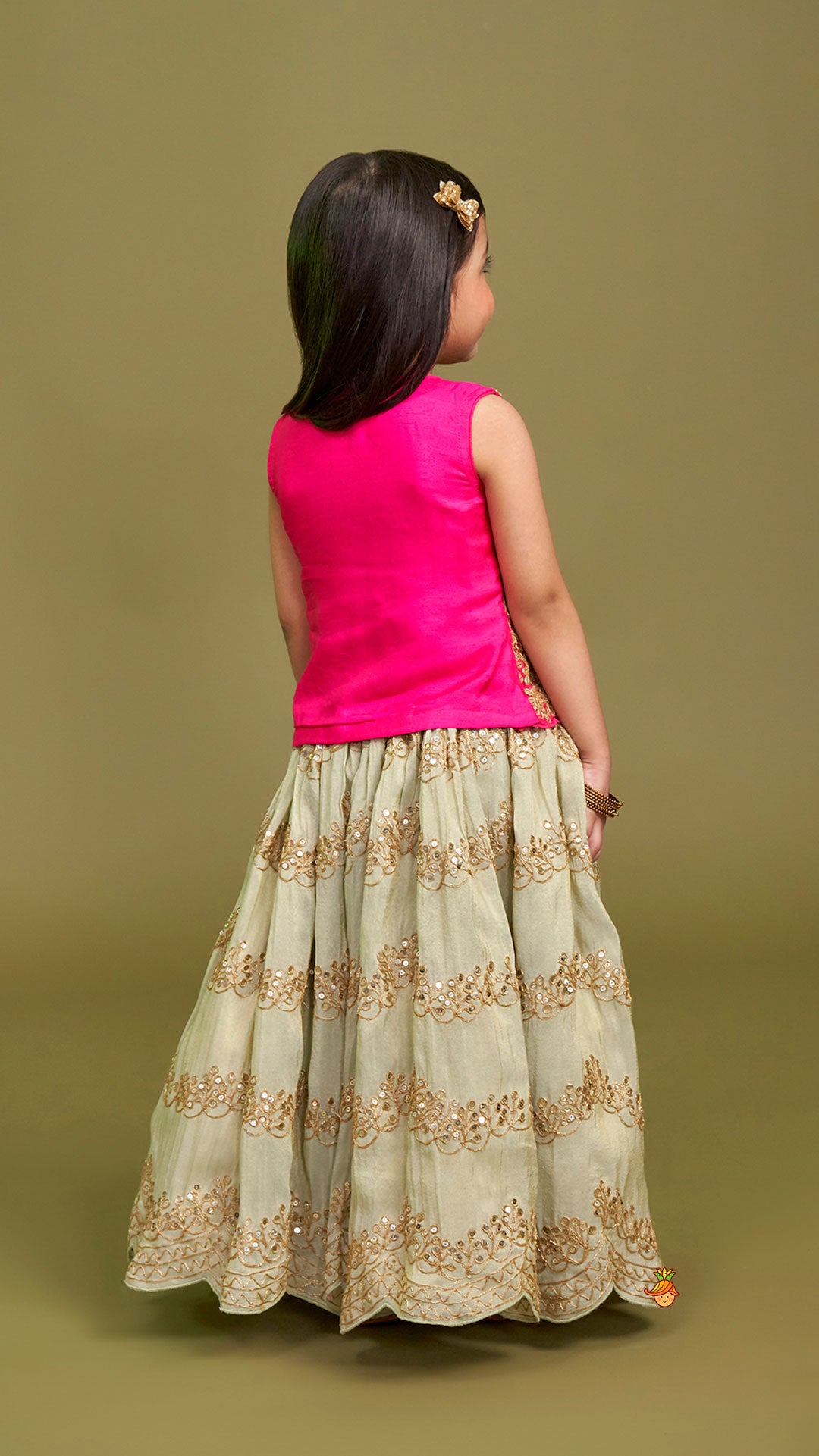 Pre Order: Exquisite Waistcoat Style Embroidered Top With Shimmery Lehenga And Shimmery Dupatta