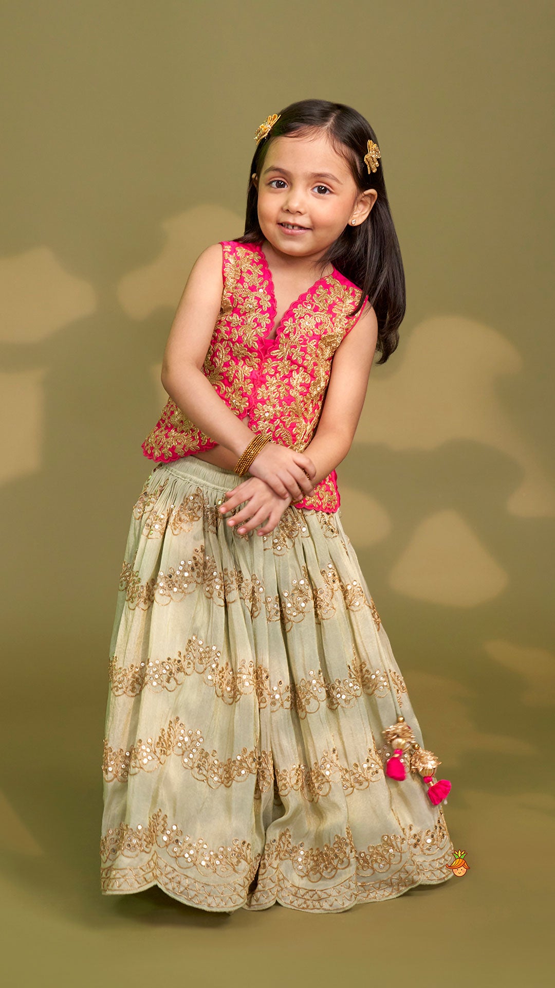 Pre Order: Exquisite Waistcoat Style Embroidered Top With Shimmery Lehenga And Shimmery Dupatta