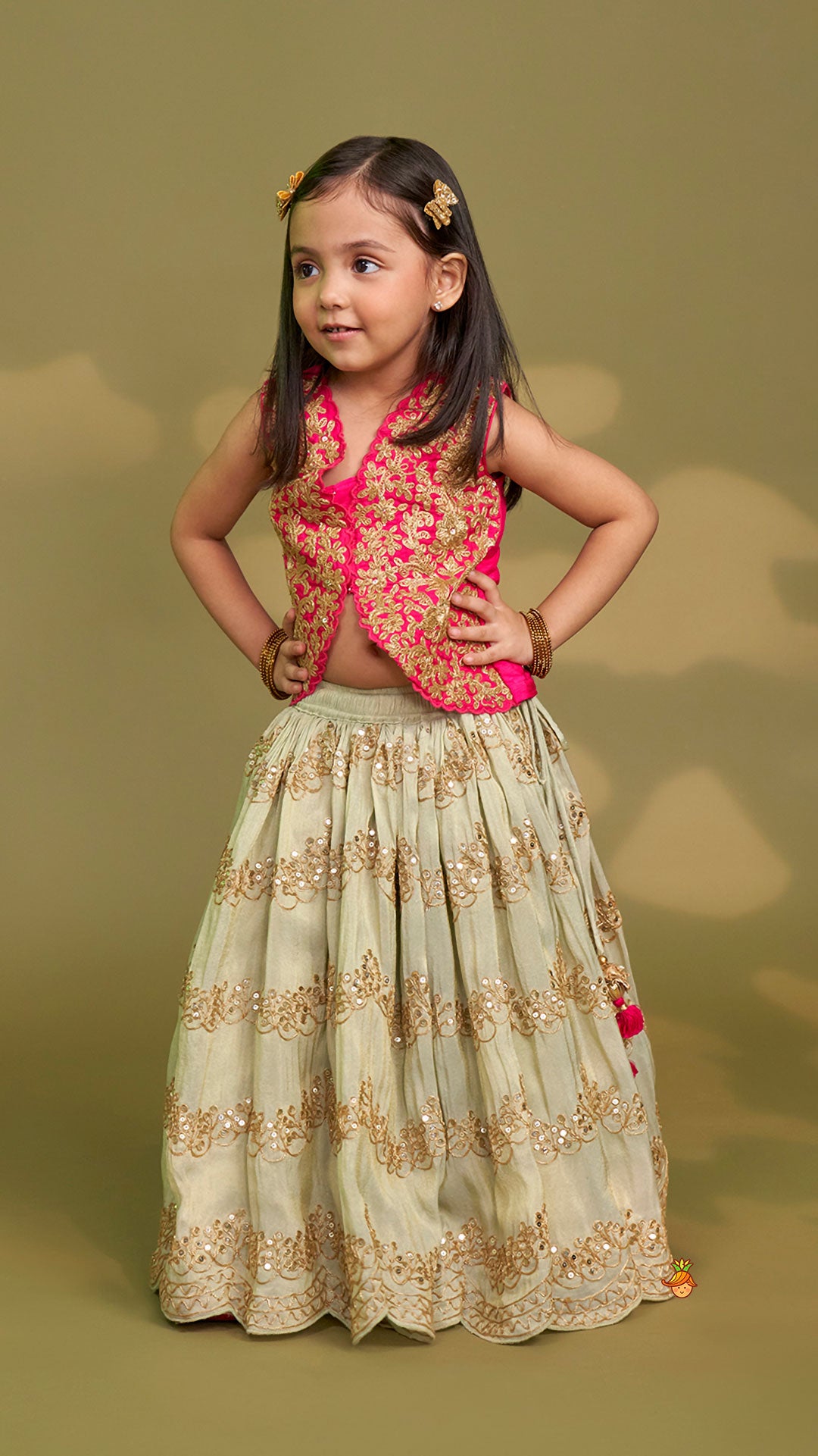 Pre Order: Exquisite Waistcoat Style Embroidered Top With Shimmery Lehenga And Shimmery Dupatta