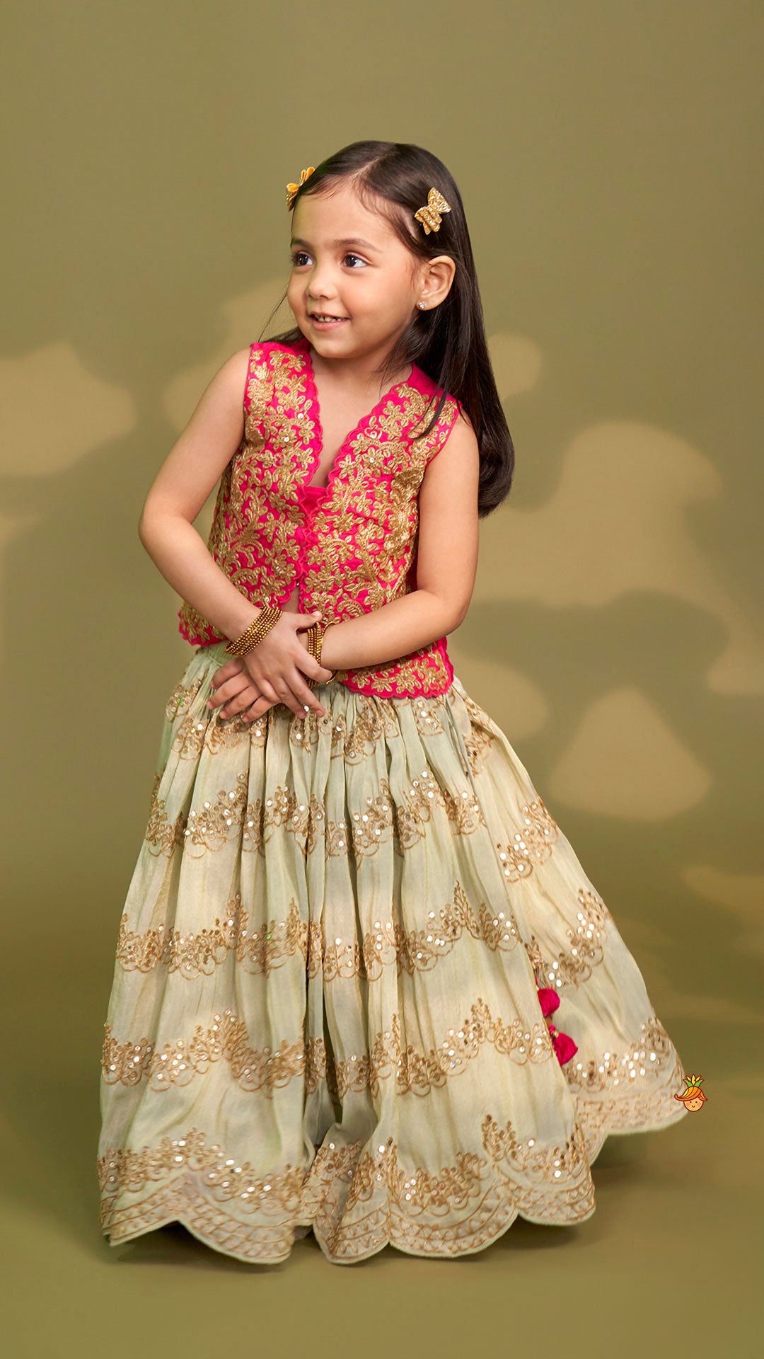 Pre Order: Exquisite Waistcoat Style Embroidered Top With Shimmery Lehenga And Shimmery Dupatta