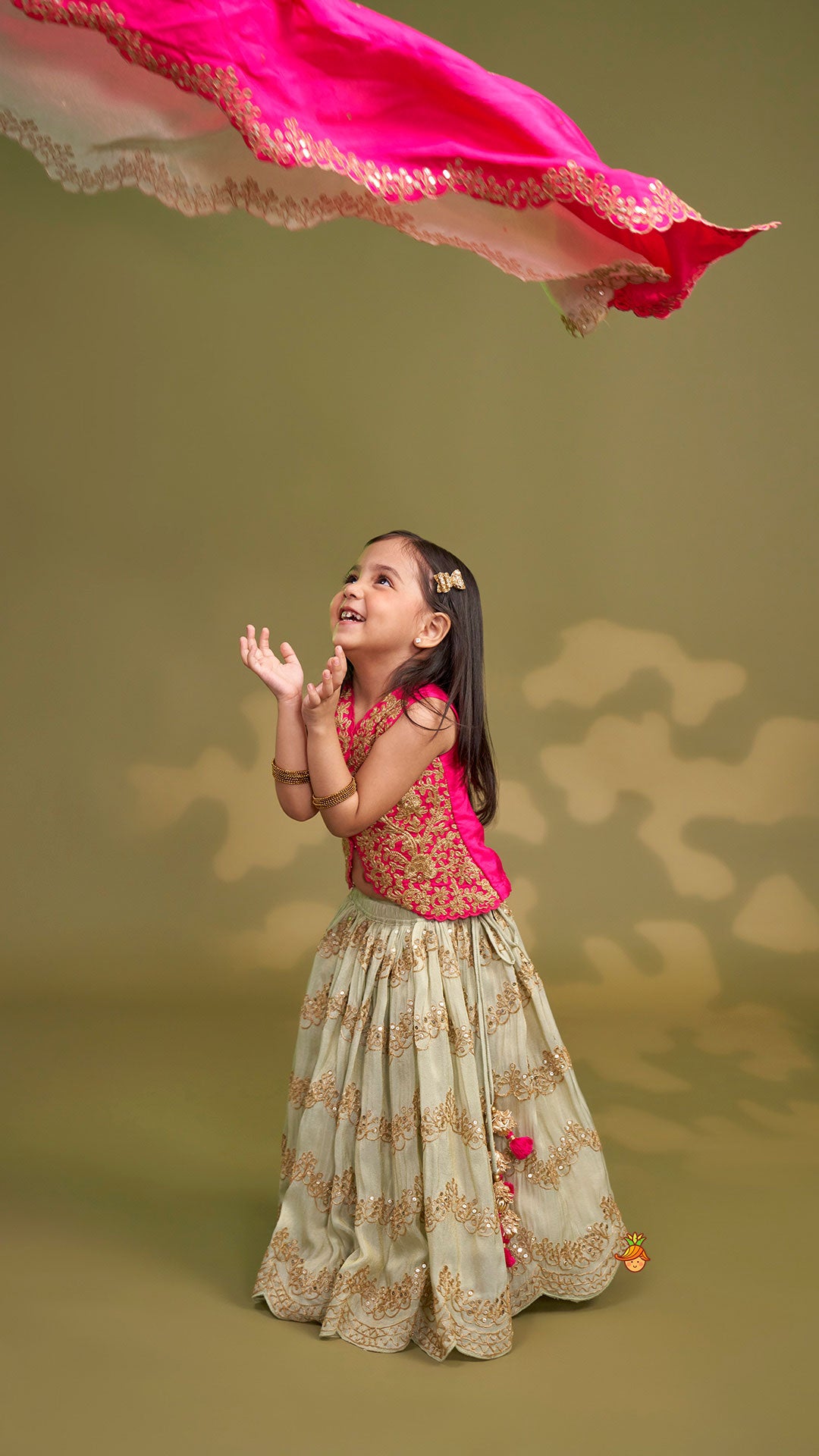 Pre Order: Exquisite Waistcoat Style Embroidered Top With Shimmery Lehenga And Shimmery Dupatta