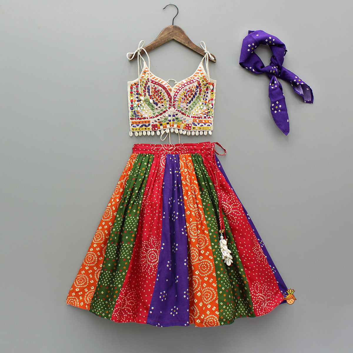 Pre Order: Beautiful Mirror Hand Embroidered Tie-up Top With Multicolour Bandhani Printed Lehenga And Bandana