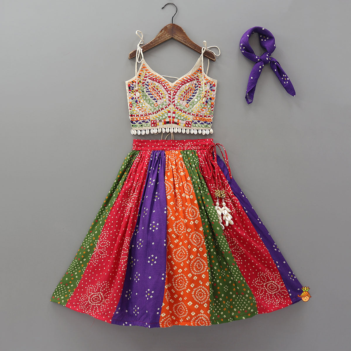 Pre Order: Beautiful Mirror Hand Embroidered Tie-up Top With Multicolour Bandhani Printed Lehenga And Bandana