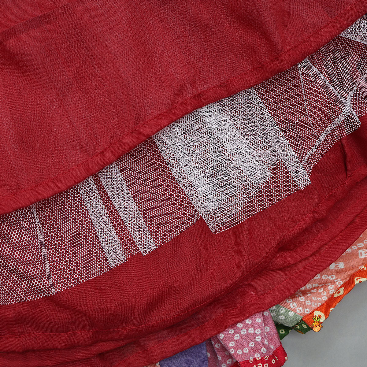 Pre Order: Beautiful Mirror Hand Embroidered Tie-up Top With Multicolour Bandhani Printed Lehenga And Bandana