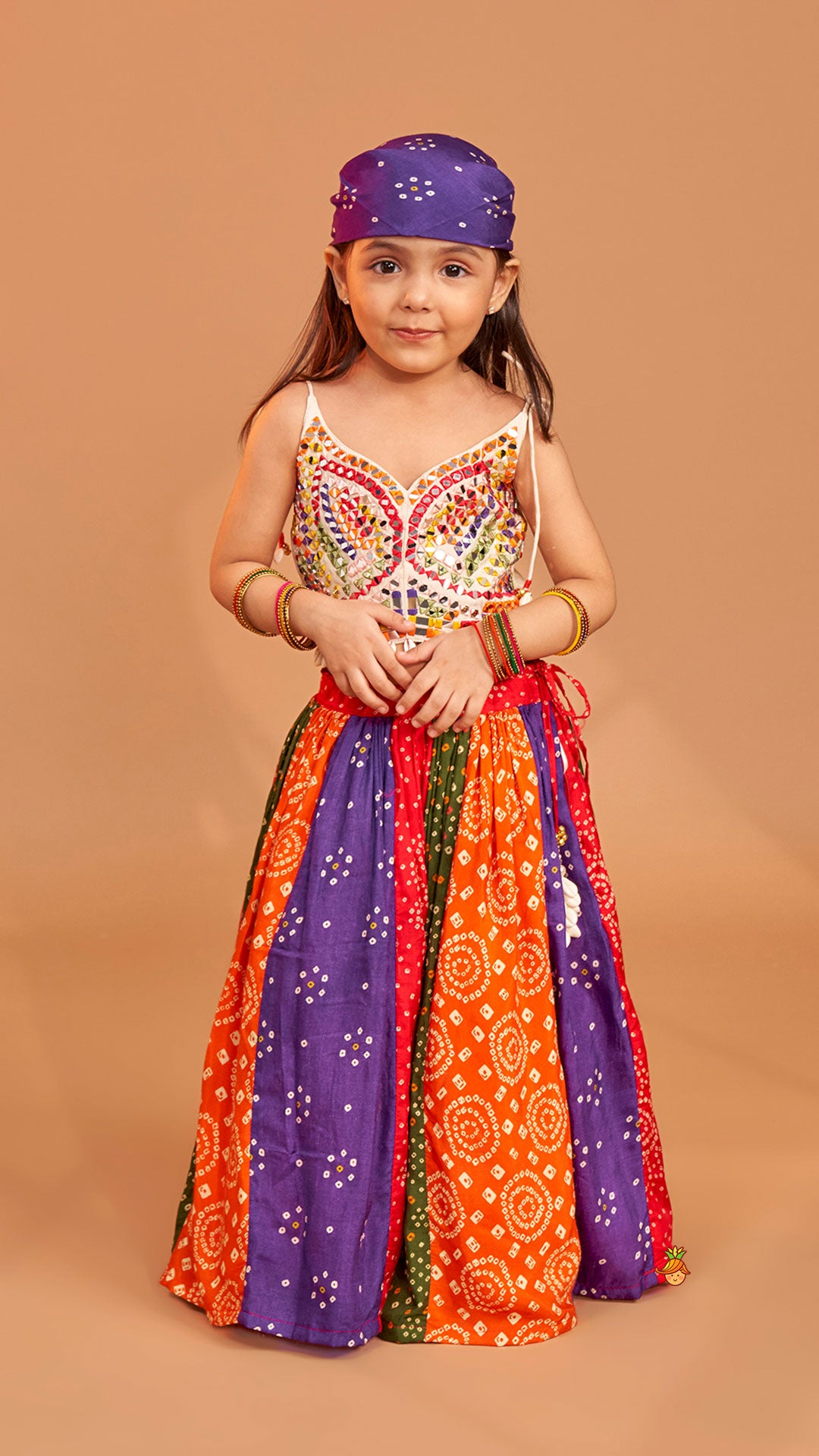 Pre Order: Beautiful Mirror Hand Embroidered Tie-up Top With Multicolour Bandhani Printed Lehenga And Bandana