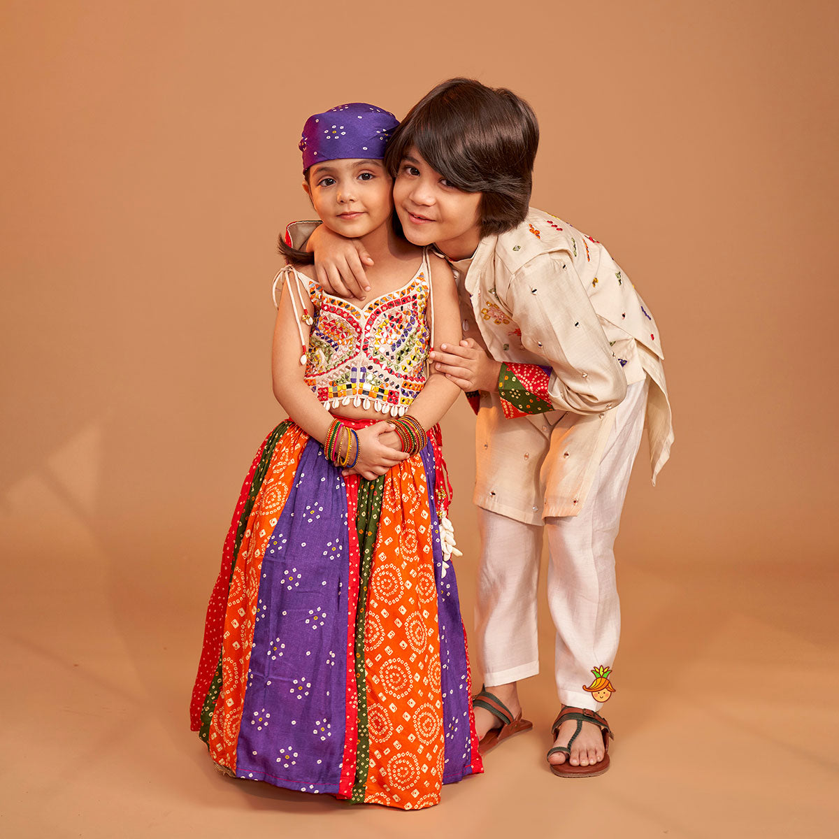 Beautiful Mirror Hand Embroidered Tie-up Top With Multicolour Bandhani Printed Lehenga And Bandana twinning model image 2