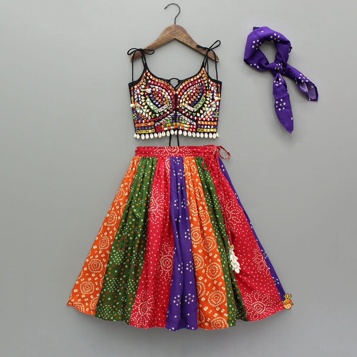 Pre Order: Beautiful Mirror Hand Embroidered Black Tie-up Top With Multicolour Bandhani Printed Lehenga And Bandana