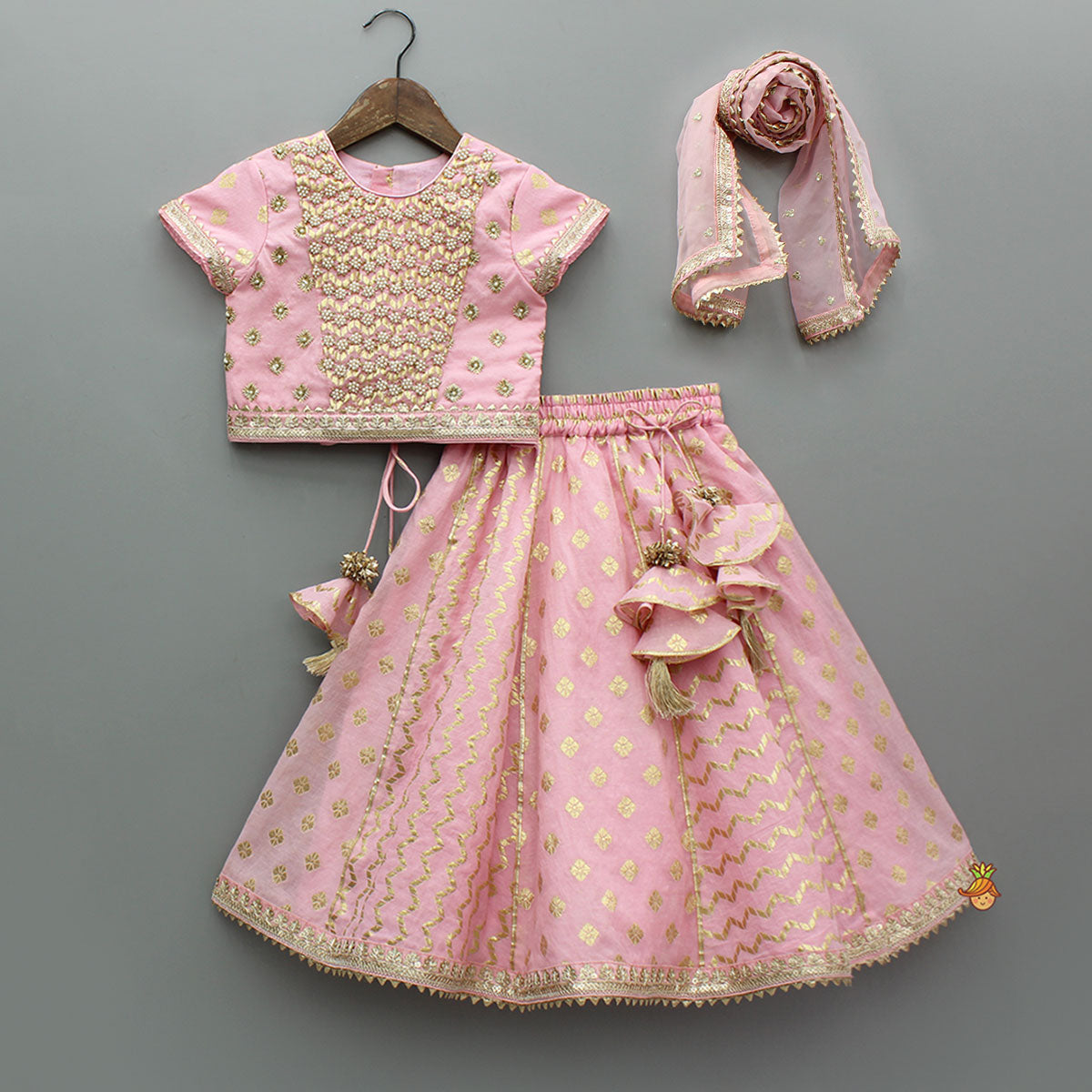 Pre Order: Pink Beaded Zari Work Top With Lehenga And Dupatta