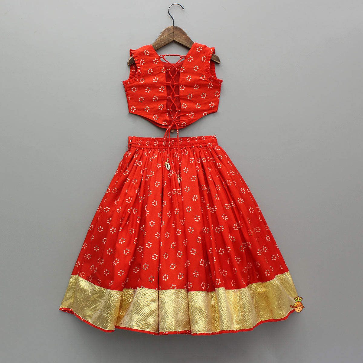 Pre Order: Red Mirror Embroidered Bandhej Printed Top With Matching Lehenga