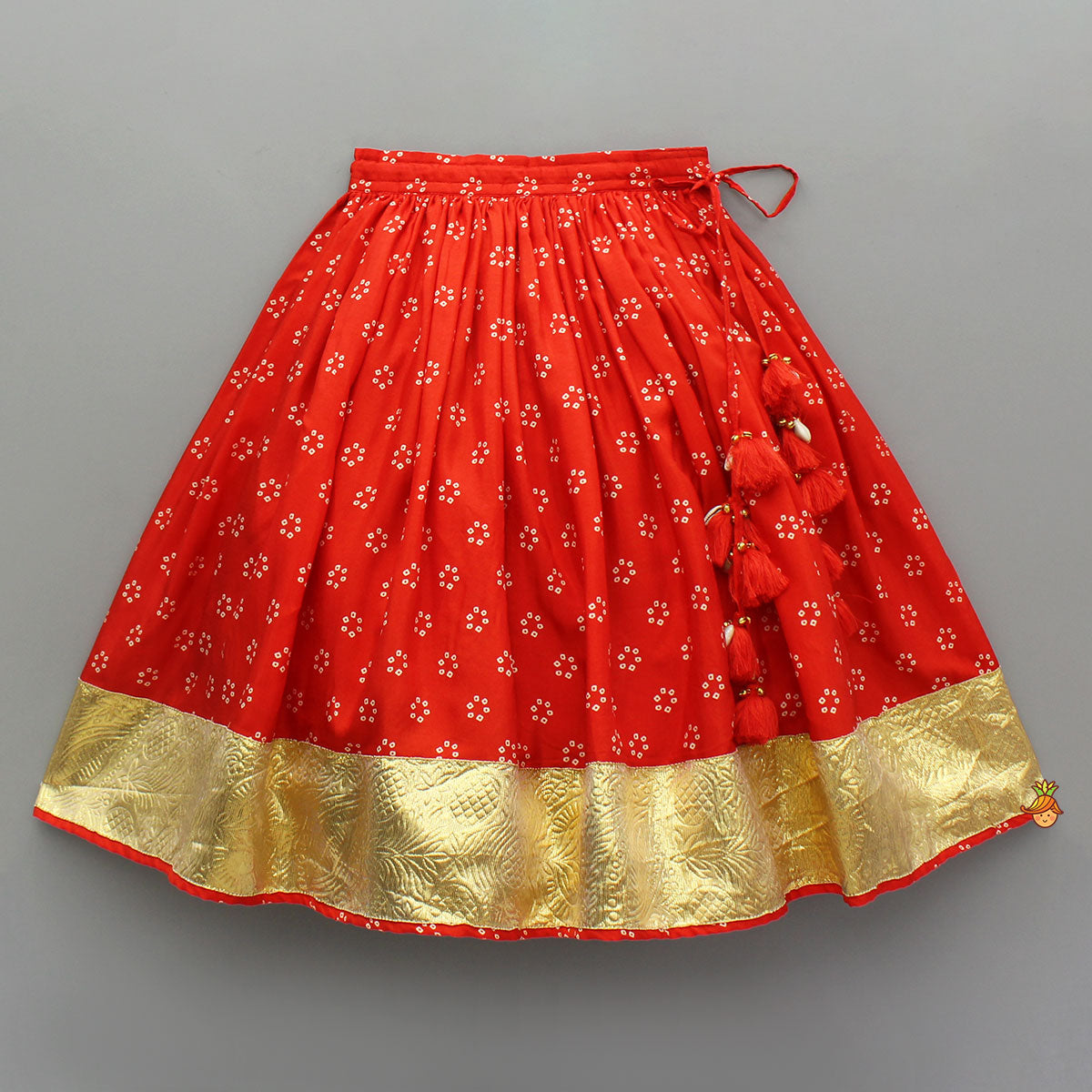 Pre Order: Red Mirror Embroidered Bandhej Printed Top With Matching Lehenga