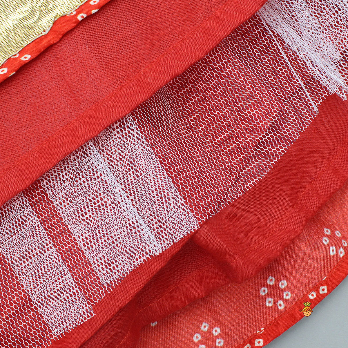 Pre Order: Red Mirror Embroidered Bandhej Printed Top With Matching Lehenga