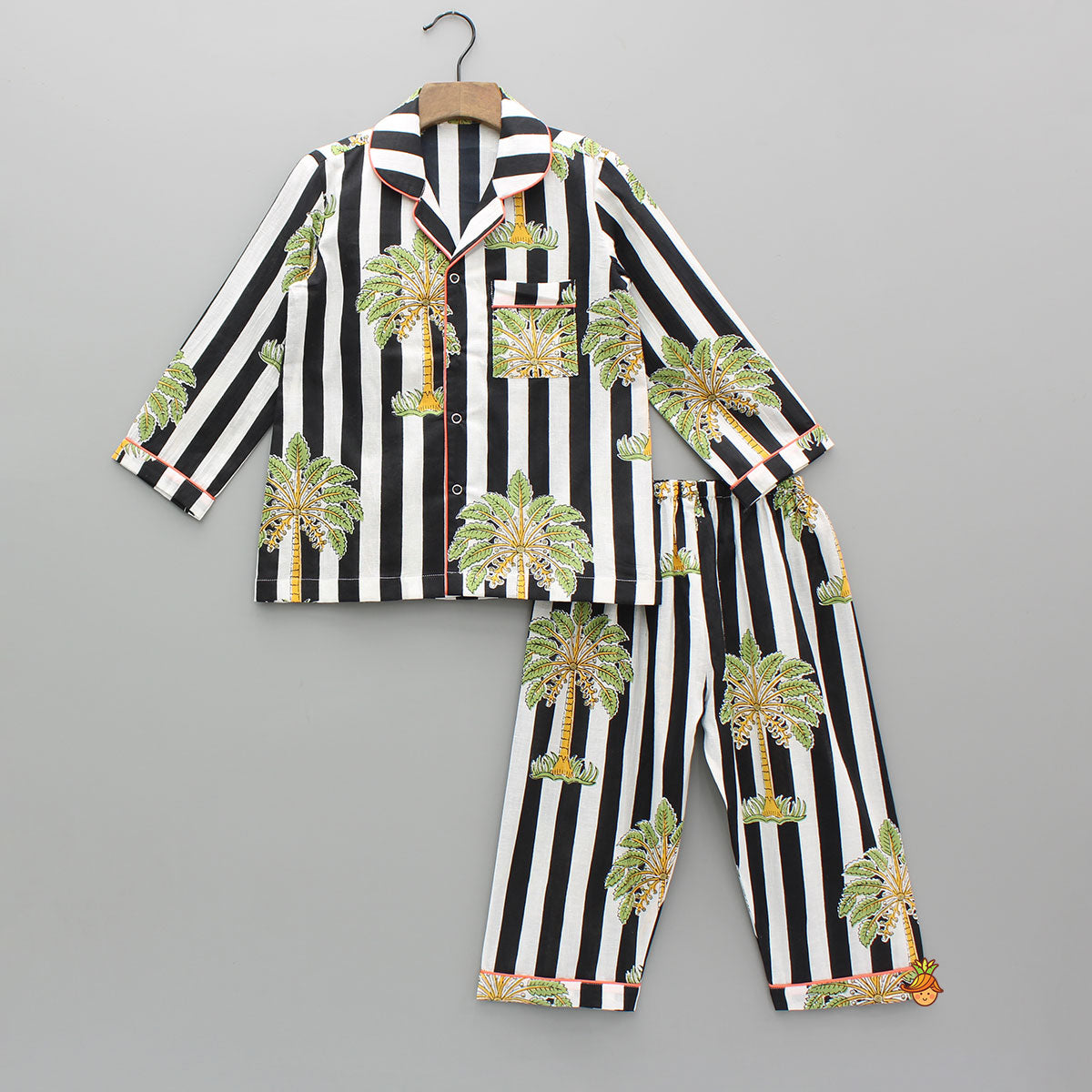 Pre Order: Black And White Striped Printed Cotton Sleepwear