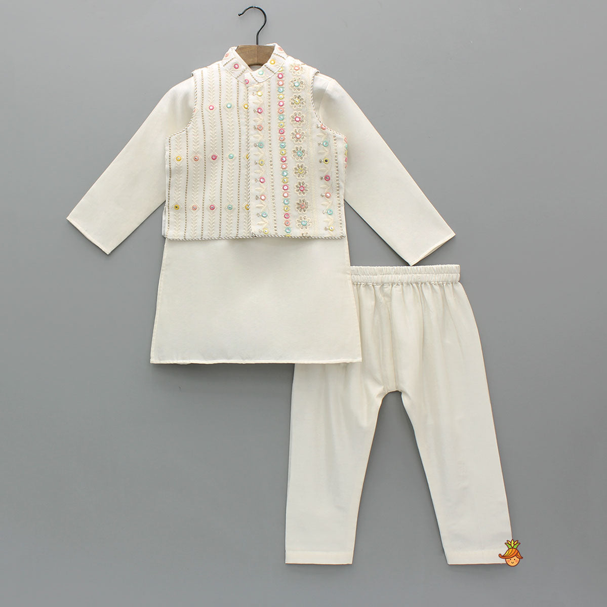 Pre Order: Kurta With Multicolour Faux Mirror Embroidered Jacket And Pyjama