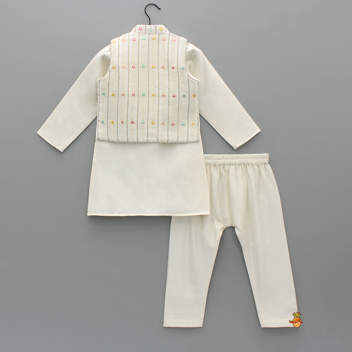 Pre Order: Kurta With Multicolour Faux Mirror Embroidered Jacket And Pyjama