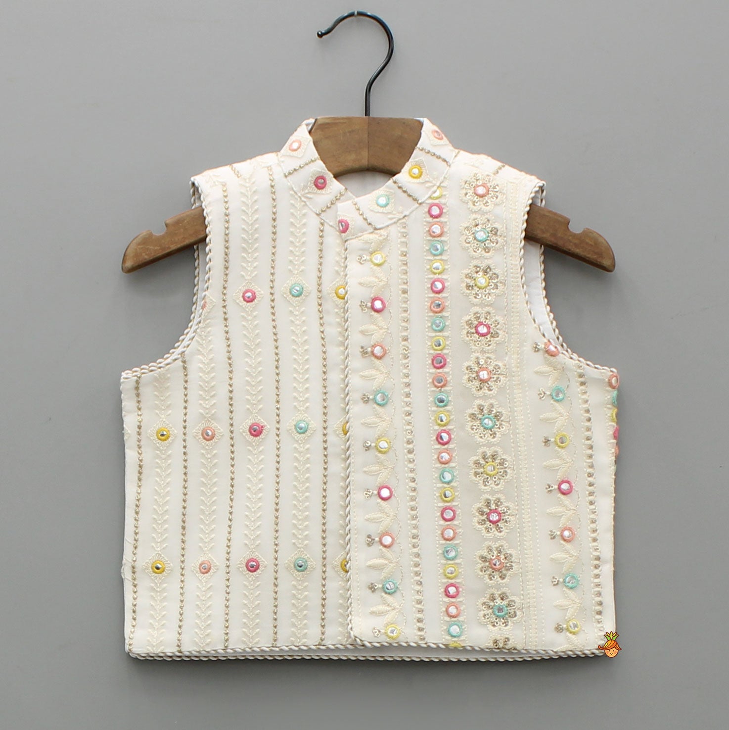 Pre Order: Kurta With Multicolour Faux Mirror Embroidered Jacket And Pyjama