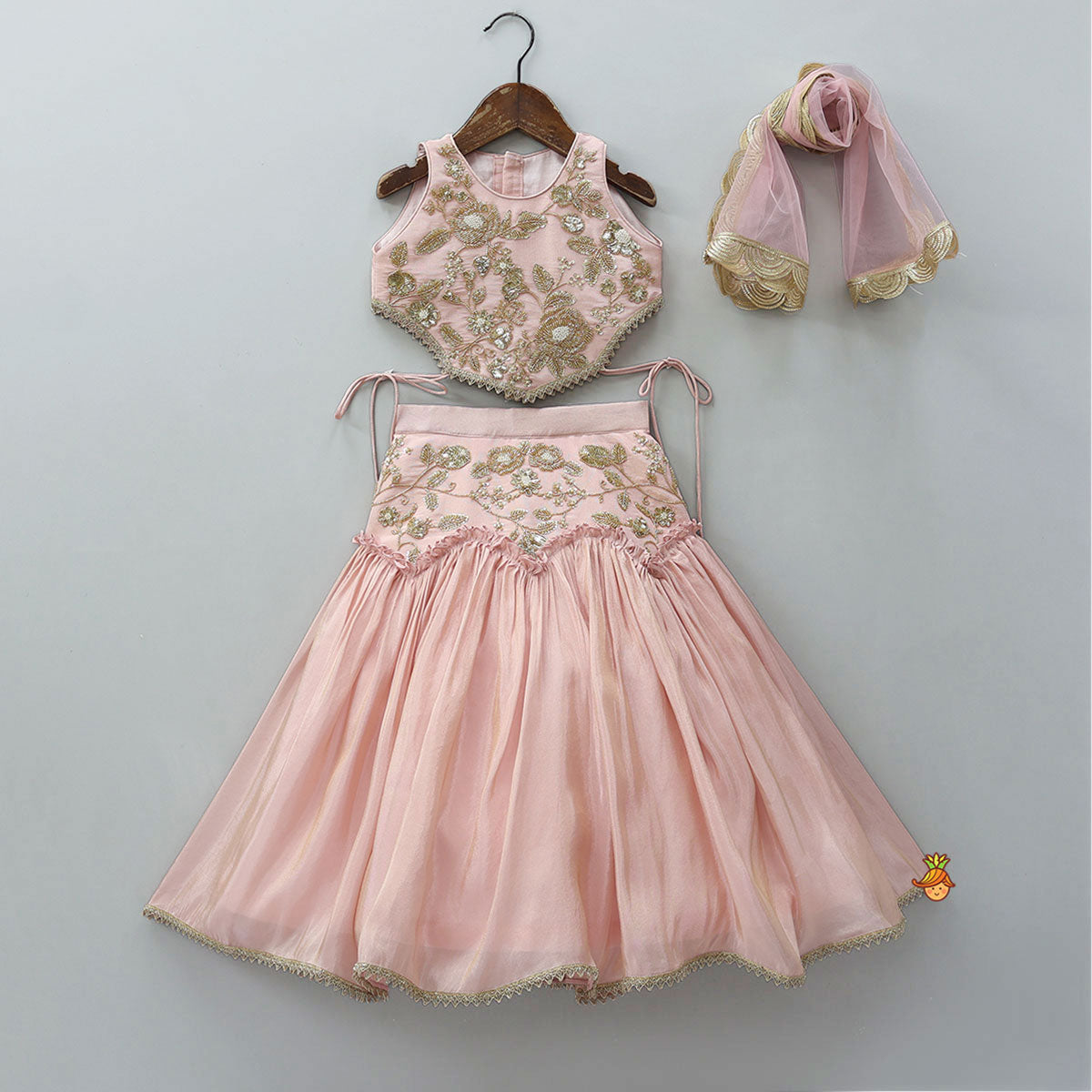 Pre Order: Cut Dana Embroidered Pink Shimmer Top And Lehenga With Net Dupatta