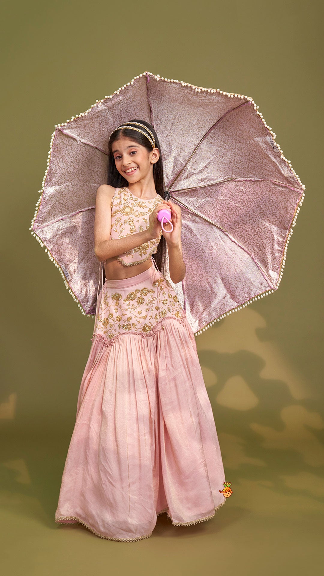 Pre Order: Cut Dana Embroidered Pink Shimmer Top And Lehenga With Net Dupatta